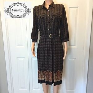 Vintage Breli Originals Brown Belted Pleated Secretary Shirt Dress Size 8